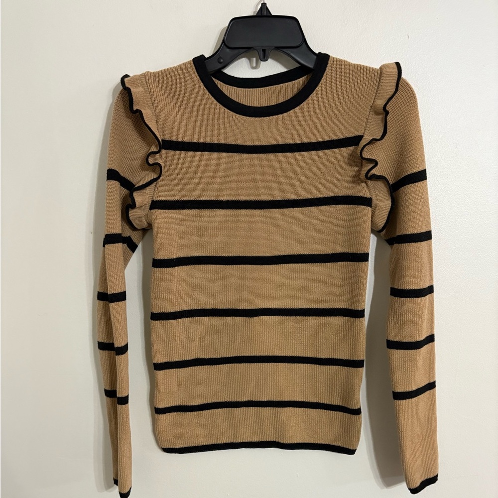 Striped Ruffle Sleeve Ribbed Sweater Top - Tan and Black Size Small - Picture 3 of 3